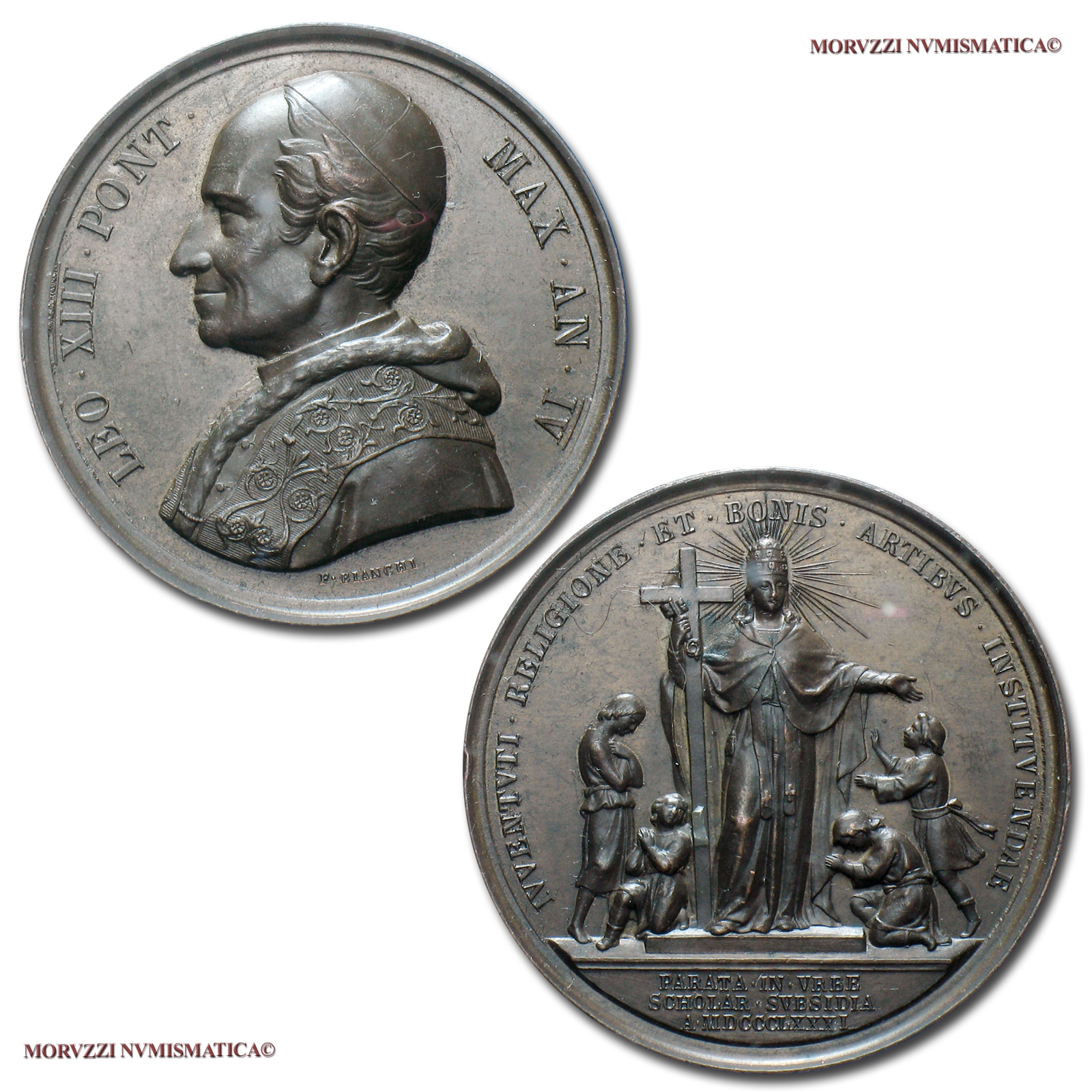 Stato Pontificio, LEONE XIII, MEDAGLIA ANNUALE IN BRONZO, 1881 AN IV, Istituzione in Vaticano della Scuola delle Belle Arti, Opus Francesco Bianchi, qFDC, (R), (Bartolotti E881) / Pope Leo XIII Pecci BRONZE MEDALS (medaglie papali annuali rare) | Moruzzi Numismatica