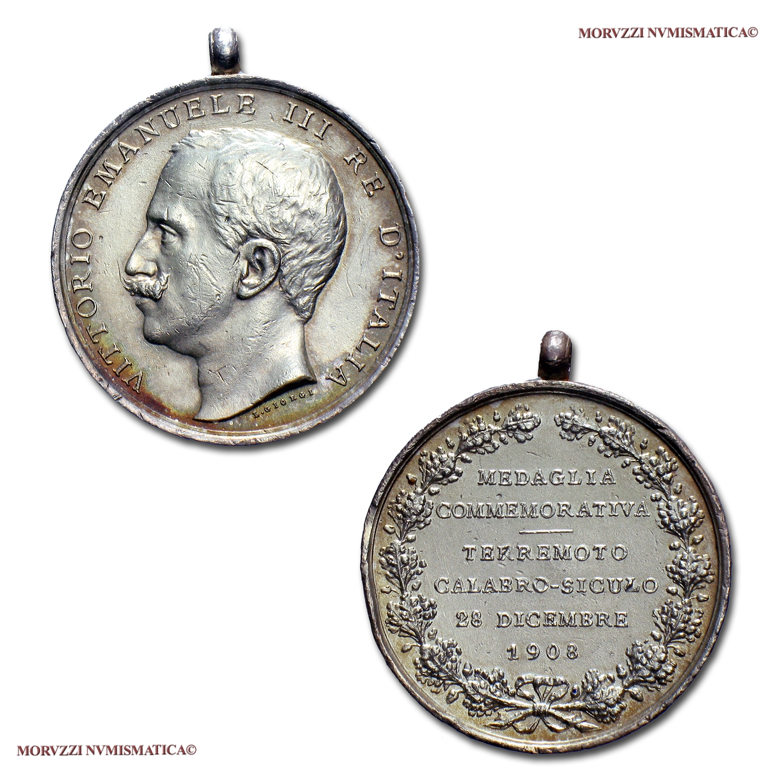 Regno d'Italia, VITTORIO EMANUELE III, MEDAGLIA IN METALLO BIANCO ARGENTATA, 1908, Terremoto Calabro-Siculo, Opus Incisore Giorgi, BB, (R), (Bini pagina 109) / medaglie italiane moderne rare da collezione (Casa Savoia) | Moruzzi Numismatica