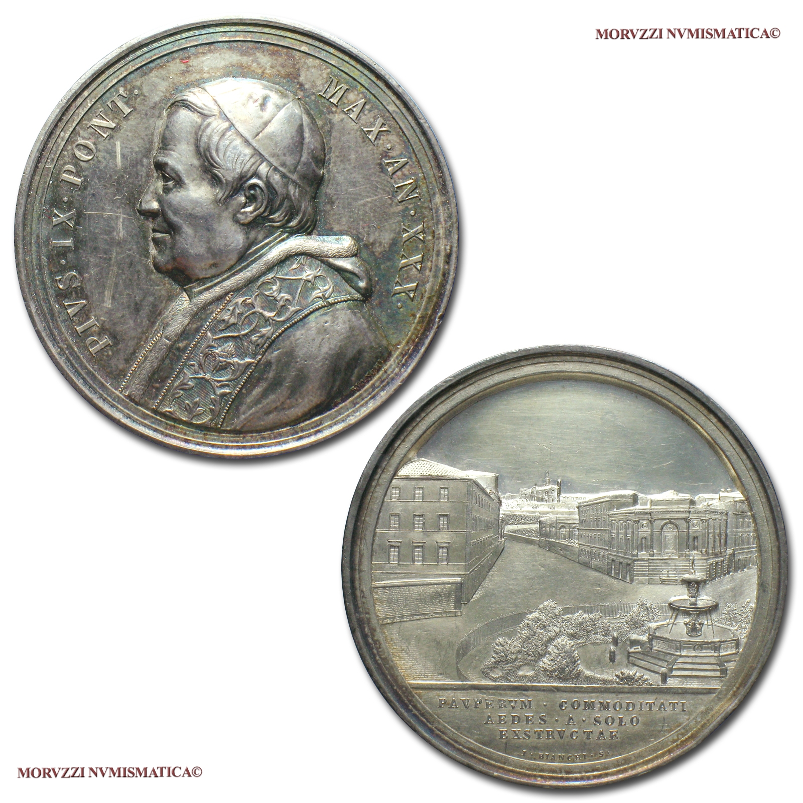 Stato Pontificio, PIO IX, MEDAGLIA ANNUALE IN ARGENTO, 1875 AN XXX, Ospizio per i poveri, Opus Ignazio Bianchi, SPL, (NC), (Bartolotti E875) / Pope Pius IX Mastai Ferretti SILVER MEDALS (medaglie papali d'argento - medaglie pontificie annuali) | Moruzzi Numismatica