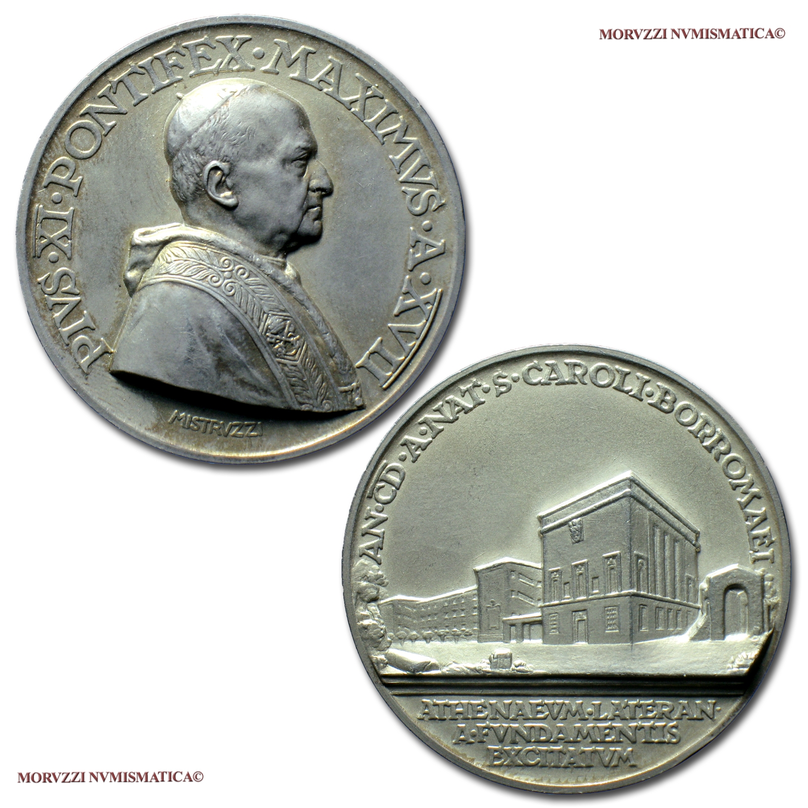 Città del Vaticano, PIO XI, MEDAGLIA ANNUALE IN ARGENTO, 1938 A XVII, Il nuovo Ateneo Lateranense, Opus Aurelio Mistruzzi, FDC, (Bartolotti E938) / Pope Pius XI Ratti SILVER MEDALS (medaglie papali d'argento - medaglie pontificie da collezione) | Moruzzi Numismatica