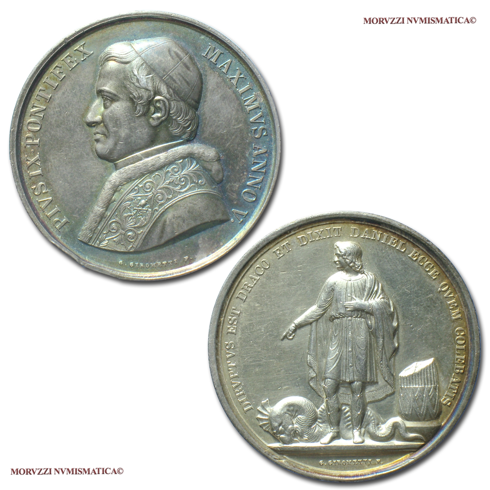 Stato Pontificio, PIO IX, MEDAGLIA ANNUALE IN ARGENTO, 1850 ANNO V, Caduta della Seconda Repubblica Romana, Opus Giuseppe Girometti, qSPL, (R), (Bartolotti E850) Pius IX Mastai Ferretti SILVER MEDALS (medaglie papali d'argento - medaglie pontificie rare) | Moruzzi Numismatica