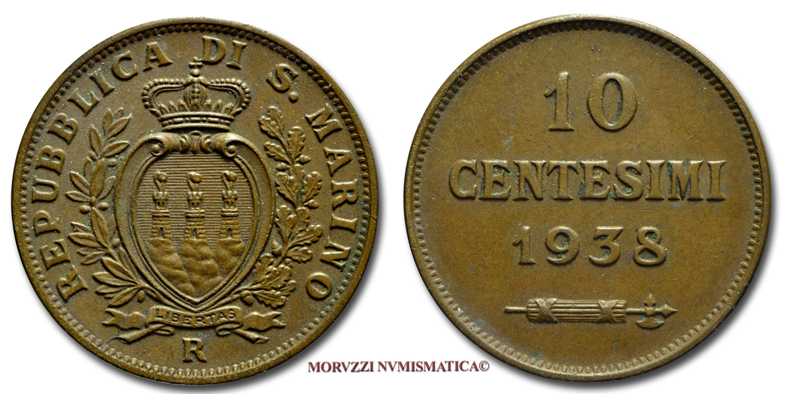 Repubblica di San Marino, VECCHIA MONETAZIONE, 10 CENTESIMI, 1938, zecca di Roma, RAME, qSPL, (Pagani 376) / monete mondiali europee moderne (moneta mondiale europea moderna da collezione - WORLD COPPER COINS) | Moruzzi Numismatica