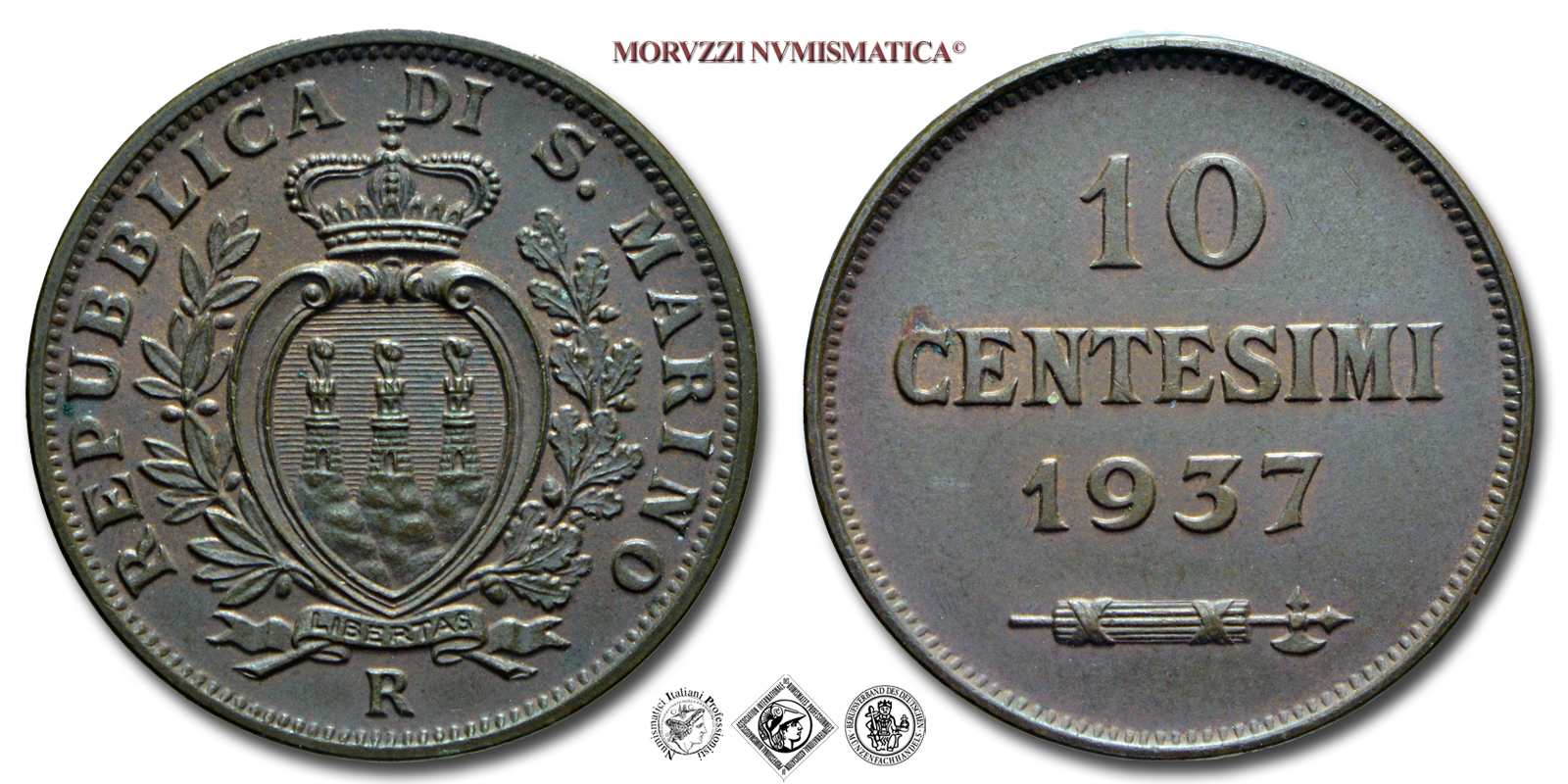 Repubblica di San Marino, VECCHIA MONETAZIONE, 10 CENTESIMI, 1937, Zecca di Roma, RAME, qFDC, (Pagani 375) / monete mondiali europee moderne (moneta mondiale europea moderna da collezione - WORLD COPPER COINS) | Moruzzi Numismatica