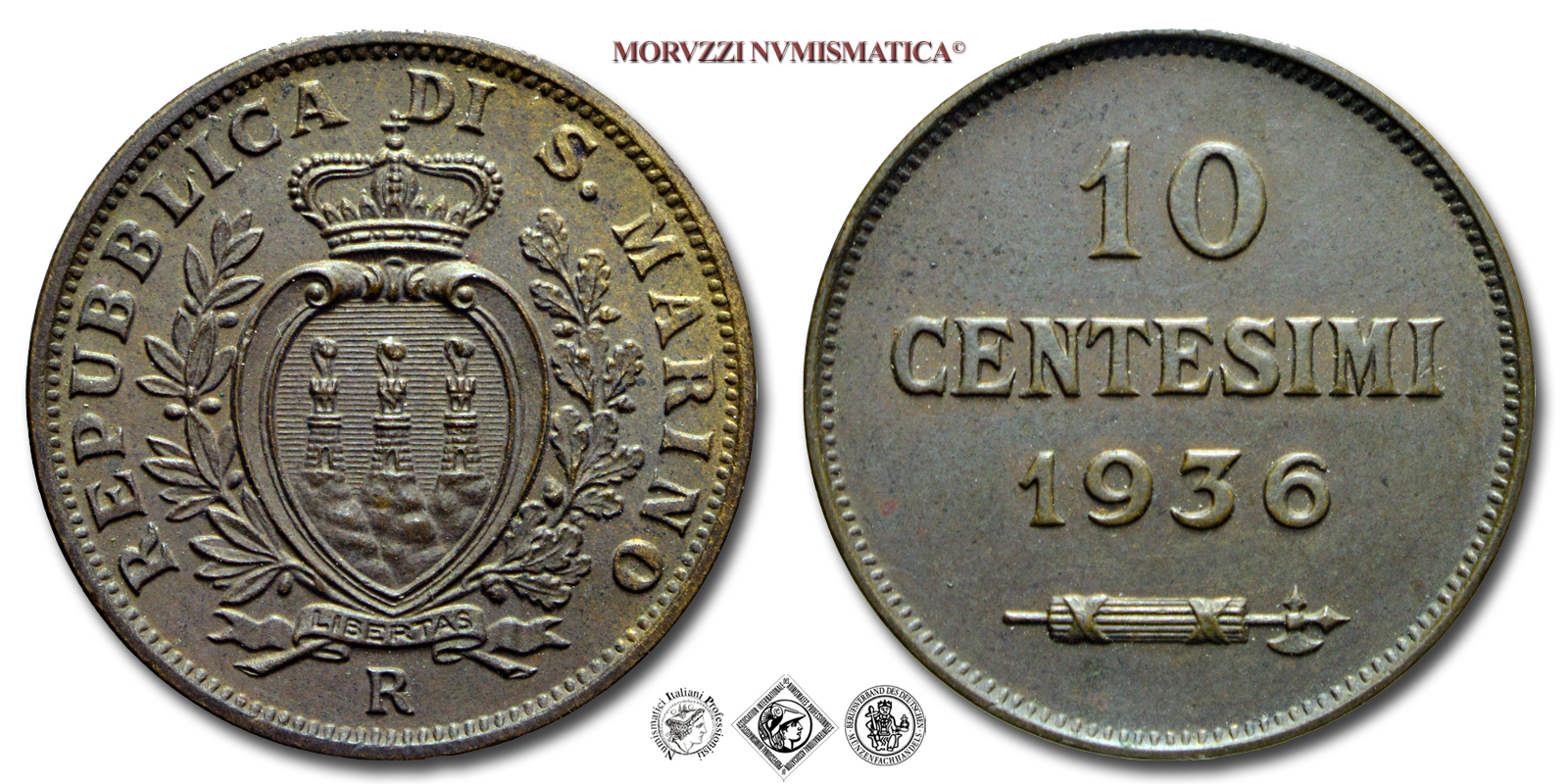 Repubblica di San Marino, VECCHIA MONETAZIONE, 10 CENTESIMI, 1936, Zecca di Roma, RAME, qFDC, (Pagani 374) / monete mondiali europee moderne (moneta mondiale europea moderna da collezione) | Moruzzi Numismatica