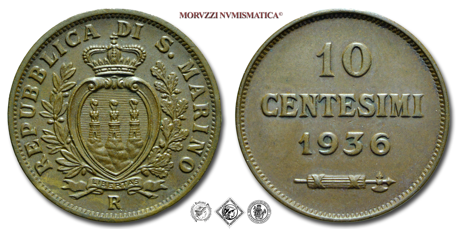 Repubblica di San Marino, VECCHIA MONETAZIONE, 10 CENTESIMI, 1936, Zecca di Roma, RAME, mSPL, (Pagani 374) / monete mondiali europee moderne (moneta mondiale europea moderna da collezione) | Moruzzi Numismatica