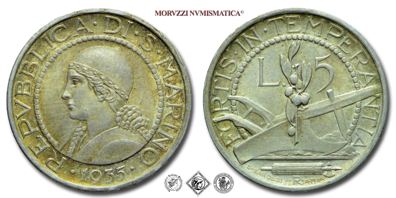 Repubblica di San Marino, VECCHIA MONETAZIONE, 5 LIRE, 1935, Zecca di Roma, ARGENTO, mSPL, (Pagani 361) / monete mondiali europee moderne d'argento (WORLD SILVER COINS - moneta mondiale europea moderna da collezione) | Moruzzi Numismatica