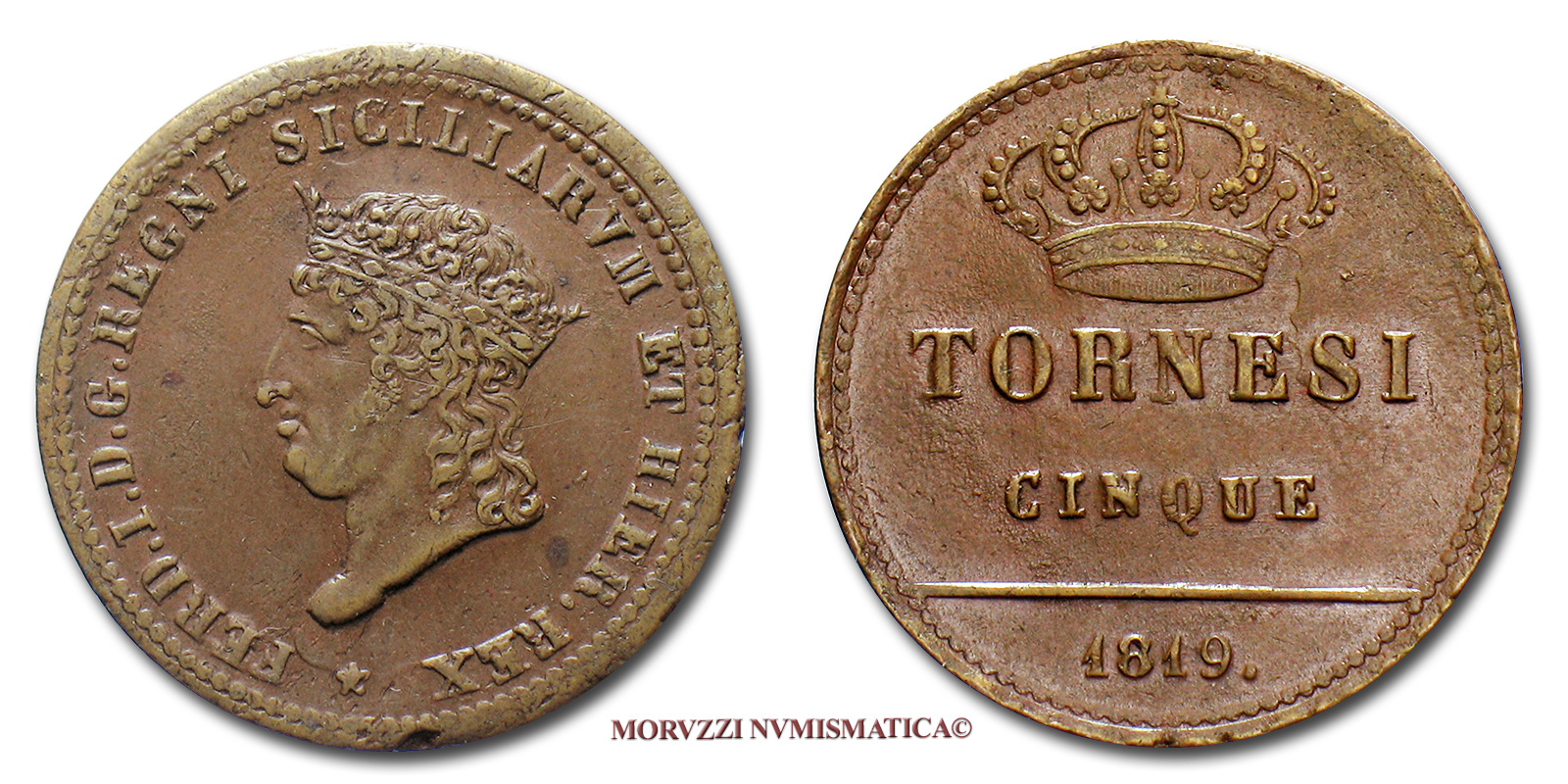 Regno delle due Sicilie, FERDINANDO I DI BORBONE, 5 TORNESI, 1819, zecca di Napoli, RAME, mSPL, (R), (Pagani 98d) / monete italiane | Moruzzi Numismatica