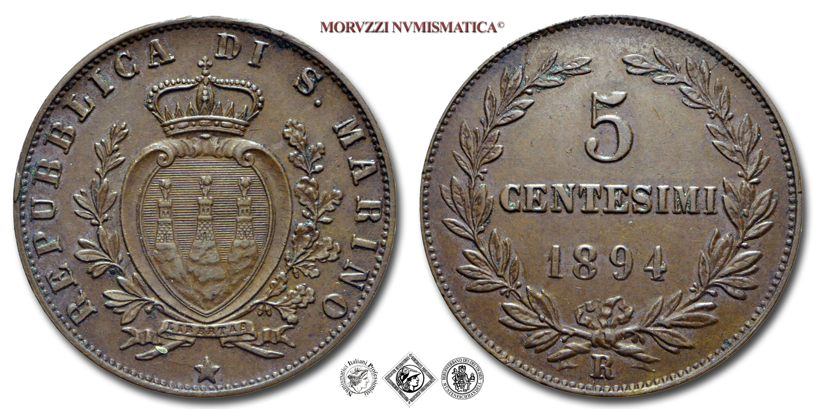 Repubblica di San Marino, VECCHIA MONETAZIONE, 5 CENTESIMI, 1894, Zecca di Roma, RAME, qSPL, (Pagani 379) / monete mondiali europee moderne (WORLD COPPER COINS - moneta mondiale europea moderna da collezione) | Moruzzi Numismatica