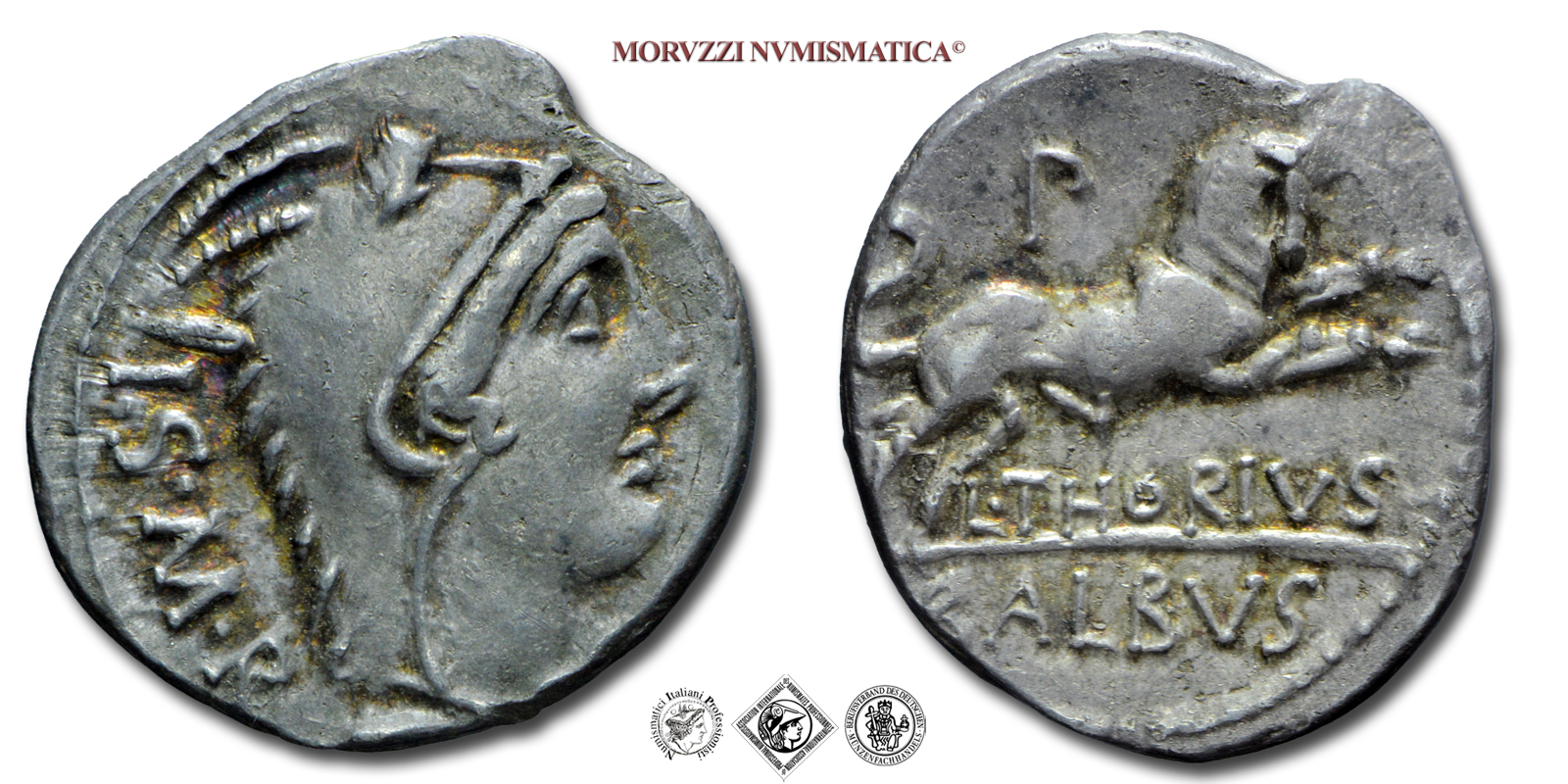 GENS THORIA, L. Thorius Balbus, DENARIO, 105 a.C., Giunone Lanuvina / toro scalpitante, zecca di Roma, ARGENTO, mBB, (Crawford 316/1) / monete romane repubblicane antiche d'argento (moneta antica - Repubblica Romana) | Moruzzi Numismatica