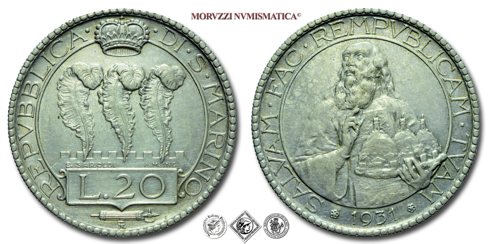 Repubblica di San Marino, VECCHIA MONETAZIONE, 20 LIRE, 1931, Zecca di Roma, ARGENTO, SPL, (Pagani 342) / monete mondiali europee d'argento (moneta mondiale europea - WORLD SILVER COINS) | Moruzzi Numismatica