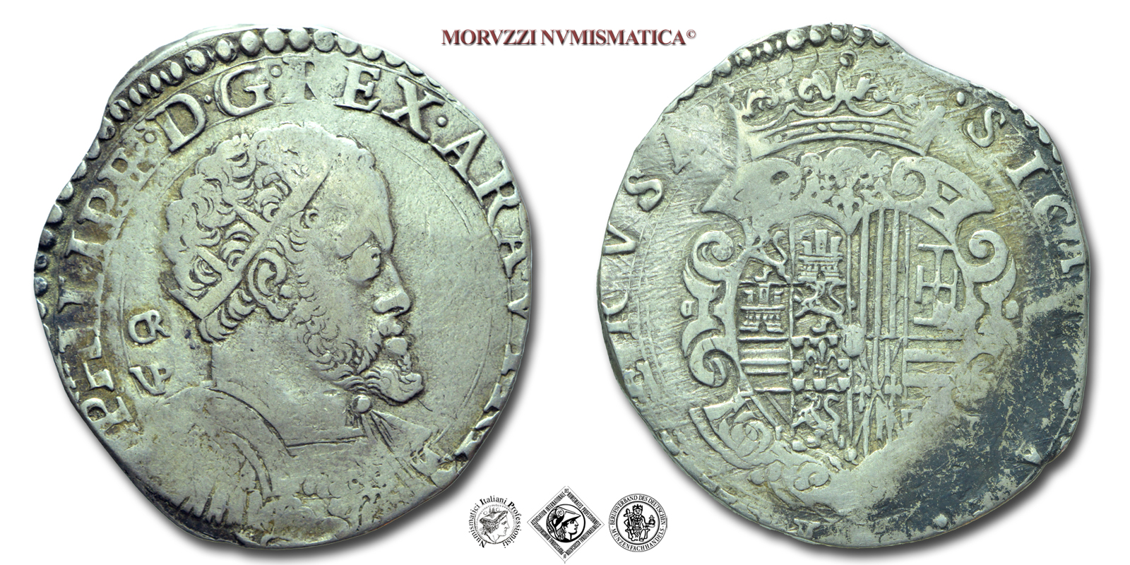 Regno di Napoli, FILIPPO II, 1/2 DUCATO con busto radiato, *senza data, SICILIAE • ET HIERVSA Stemma coronato a forma di cuore, inquartato, in cartocci, Zecca di Napoli, ARGENTO, qBB, (R), (Pannuti-Riccio 17) / monete italiane napoletane rare d'argento | Moruzzi Numismatica