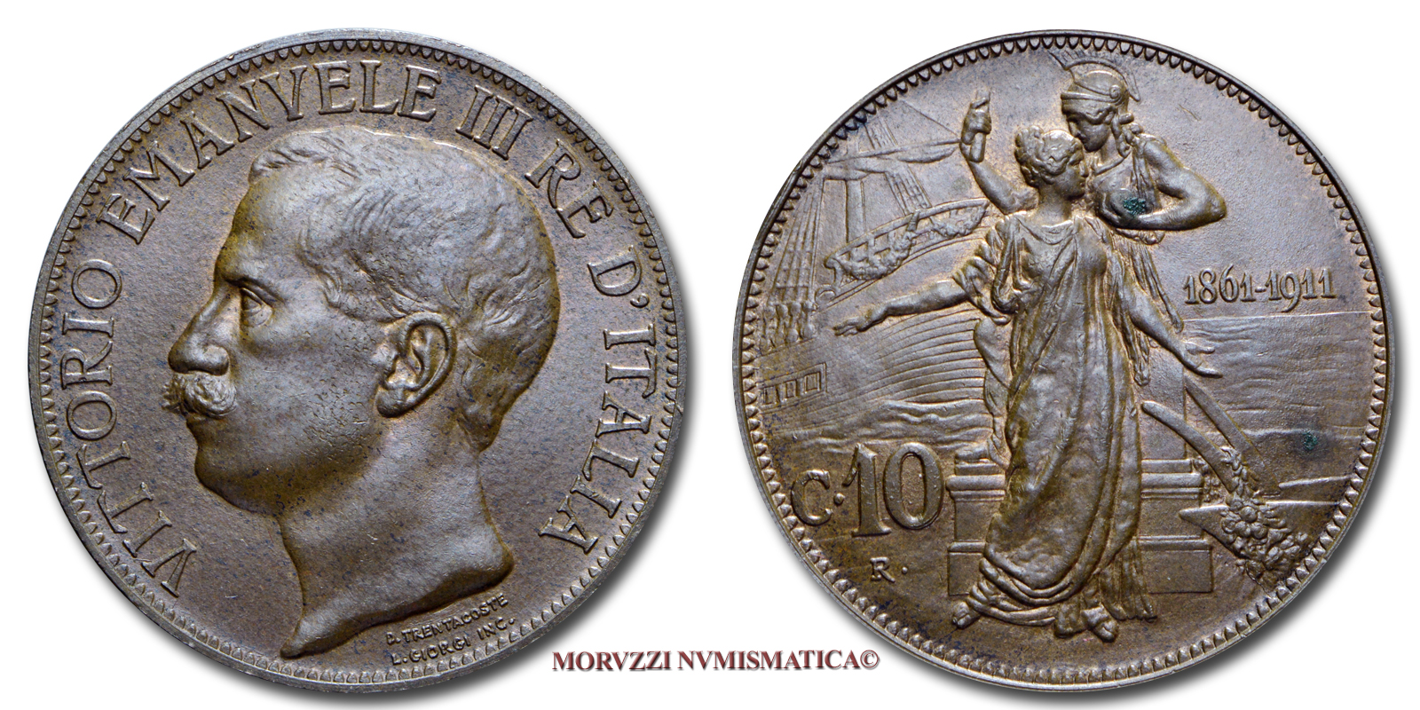 Regno d'Italia, VITTORIO EMANUELE III, 10 CENTESIMI, 1911, Cinquantenario, zecca di Roma, RAME, qFDC, (Pagani 863) / monete italiane moderne (moneta italiana moderna da collezione - Casa Savoia) | Moruzzi Numismatica
