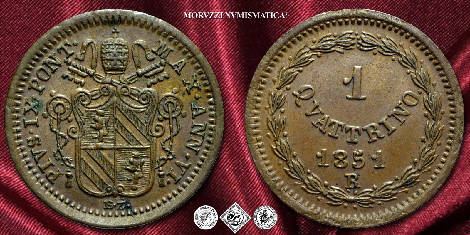 Stato Pontificio, PIO IX, 1 QUATTRINO, 1851 ANN VI, zecca di Roma, RAME, qFDC, (Pagani 517) / Pope Pius IX Mastai Ferretti COPPER coins (monete papali - monete pontificie - moneta papale) münzen von Pius IX. - monnaies de Pie IX - monedas de Pío IX | Moruzzi Numismatica