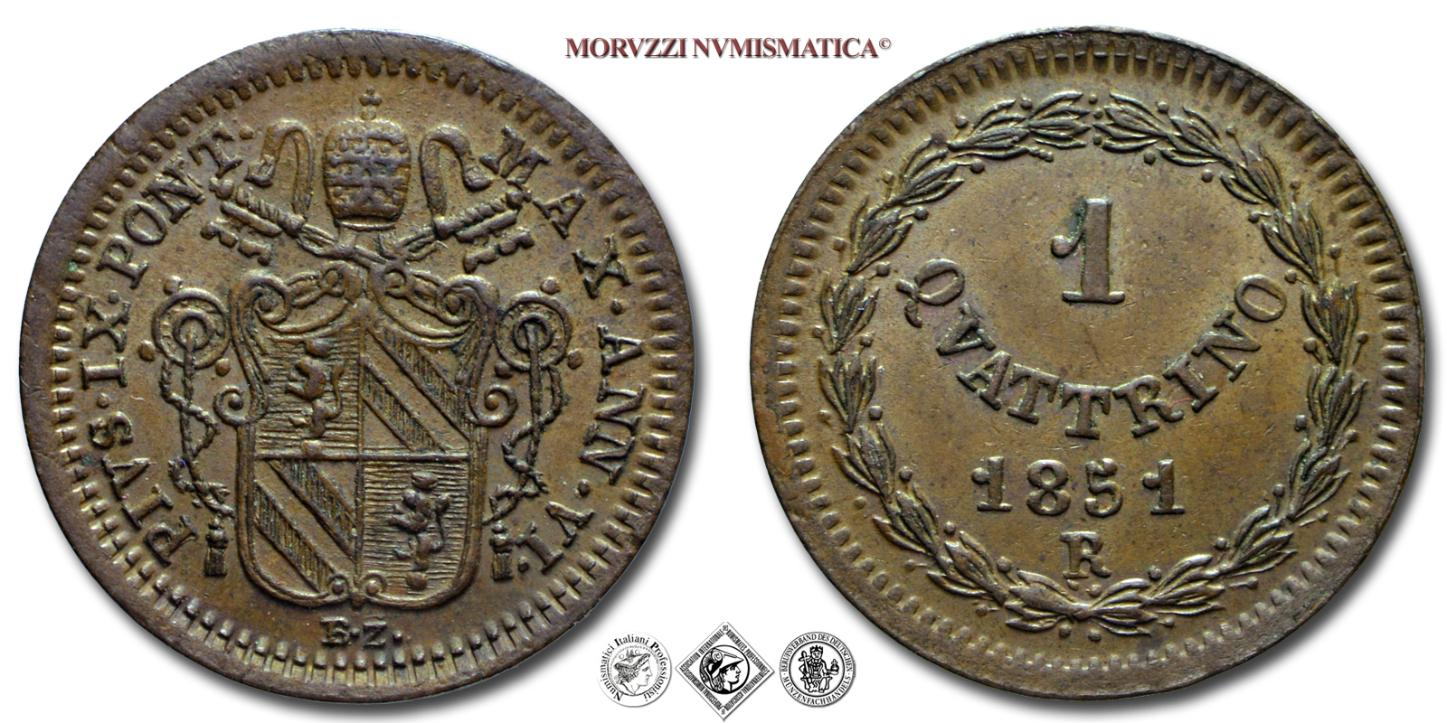 Stato Pontificio, PIO IX, 1 QUATTRINO, 1851 ANN VI, zecca di Roma, RAME, qFDC, (Pagani 517) / Pope Pius IX Mastai Ferretti COPPER coins (monete papali - monete pontificie - moneta papale) münzen von Pius IX. - monnaies de Pie IX - monedas de Pío IX | Moruzzi Numismatica