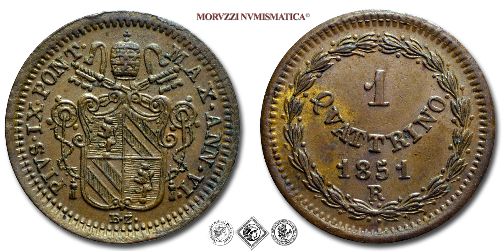 Stato Pontificio, PIO IX, 1 QUATTRINO, 1851 ANN VI, zecca di Roma, RAME, qFDC, (Pagani 517) / Pope Pius IX Mastai Ferretti COPPER coins (monete papali - monete pontificie - moneta papale) münzen von Pius IX. - monnaies de Pie IX - monedas de Pío IX | Moruzzi Numismatica