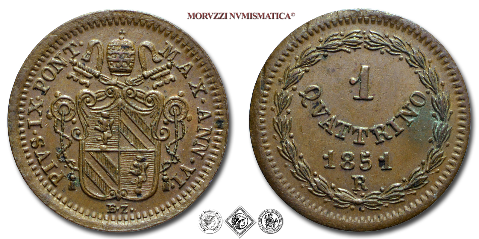 Stato Pontificio, PIO IX, 1 QUATTRINO, 1851 ANN VI, zecca di Roma, RAME, qFDC, (Pagani 517) / Pope Pius IX Mastai Ferretti COPPER coins (monete papali - monete pontificie - moneta papale) münzen von Pius IX. - monnaies de Pie IX - monedas de Pío IX | Moruzzi Numismatica