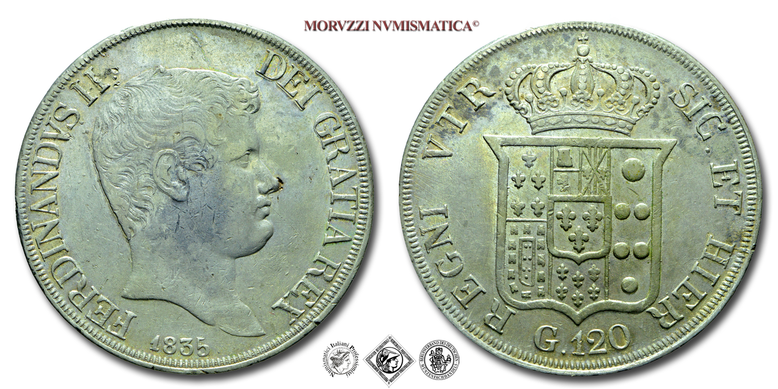 Regno delle due Sicilie, FERDINANDO II DI BORBONE, 120 GRANA, 1835, Zecca di Napoli, ARGENTO, mBB, (Pannuti-Riccio 60) / PIASTRA D'ARGENTO (monete italiane preunitarie napoletane - moneta italiana preunitaria napoletana borbonica - piastre borboniche) | Moruzzi Numismatica