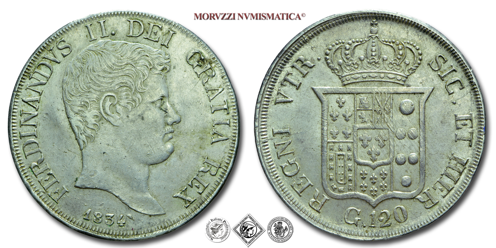 Regno delle due Sicilie, FERDINANDO II DI BORBONE, 120 GRANA, 1834, Zecca di Napoli, ARGENTO, SPL, (Pannuti-Riccio 58) / PIASTRA D'ARGENTO (monete italiane preunitarie napoletane - moneta italiana preunitaria napoletana borbonica - piastre borboniche) | Moruzzi Numismatica