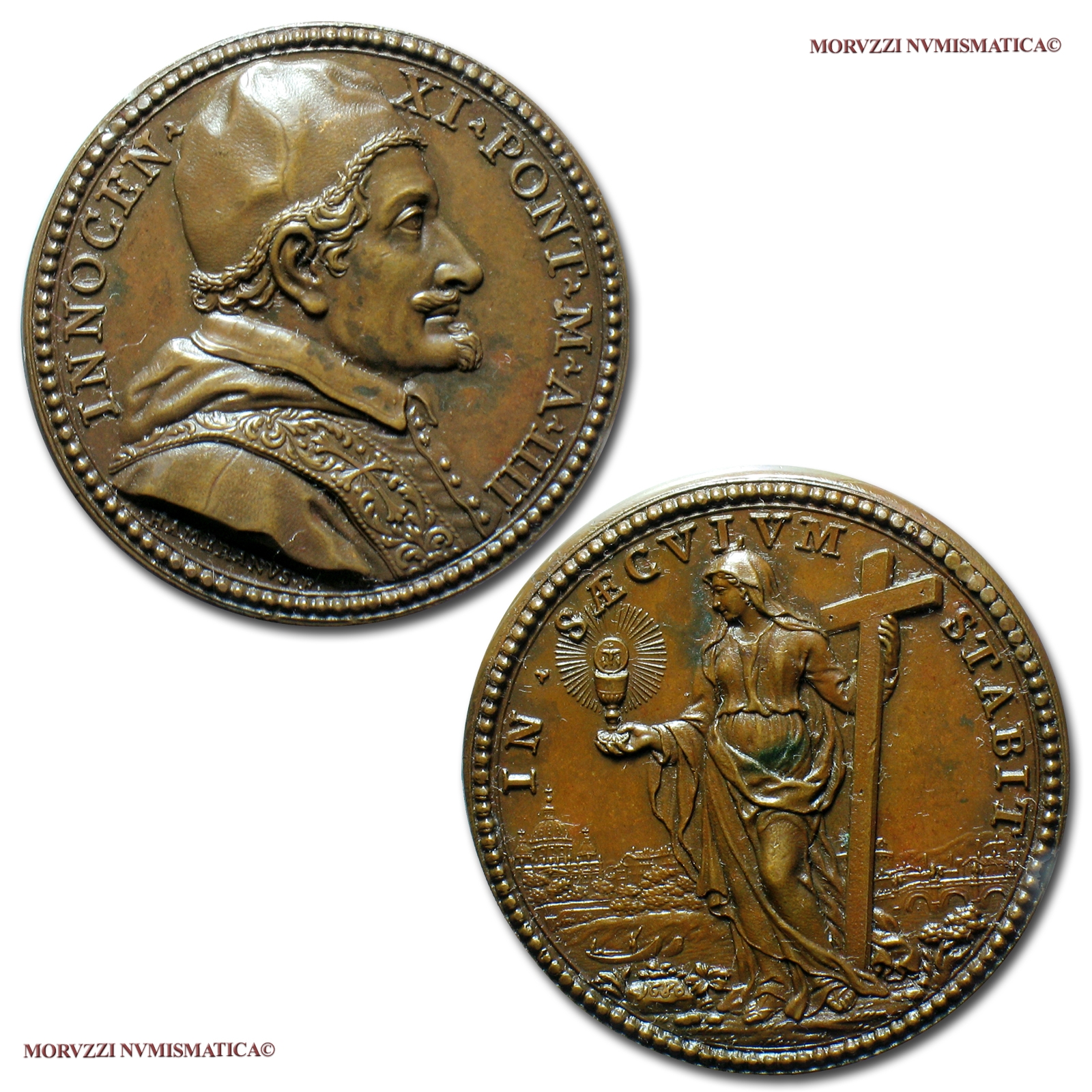 Stato Pontificio, INNOCENZO XI, MEDAGLIA ANNUALE IN BRONZO, 1680 A IIII, La Chiesa Romana, Opus Giovanni Hamerani, FDC, (R), (Bartolotti E680) / Pope Innocent XI BRONZE MEDALS (medaglie papali di bronzo - medaglie pontificie annuali rare) | Moruzzi Numismatica