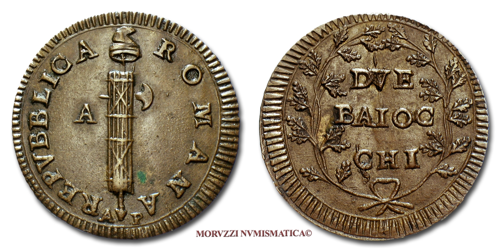 PRIMA REPUBBLICA ROMANA, 2 BAIOCCHI, Senza data, zecca di Ancona, RAME, SPL, (R), (Muntoni 22) / Roman Republic 2 BAJOCCHI COPPER coins (monete italiane preunitarie moderne rare - moneta italiana preunitaria moderna rara da collezione - monete pontificie) | Moruzzi Numismatica