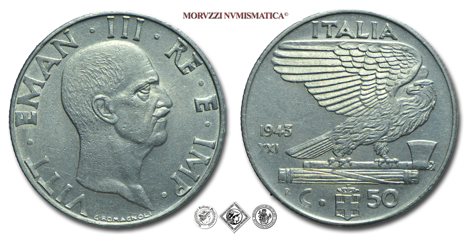 Regno d'Italia, VITTORIO EMANUELE III, 50 CENTESIMI, 1943 XXI, Impero, Zecca di Roma, NICHEL, mSPL, (R), (Pagani 826) / monete italiane moderne rare (moneta italiana moderna rara da collezione - Casa Savoia) | Moruzzi Numismatica