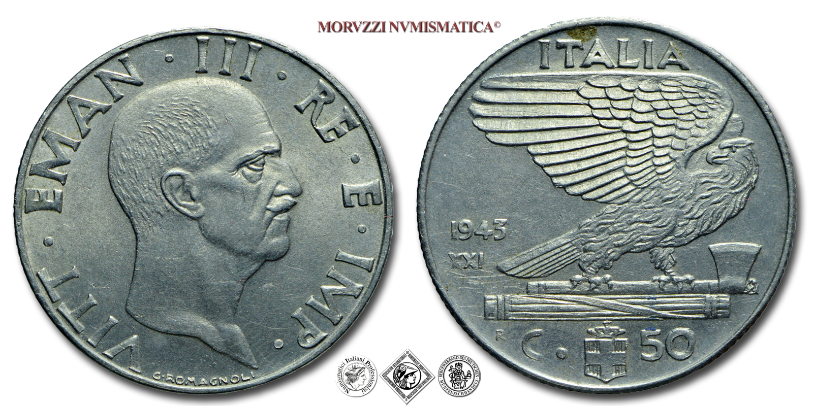 Regno d'Italia, VITTORIO EMANUELE III, 50 CENTESIMI, 1943 XXI, Impero, Zecca di Roma, NICHEL, mSPL, (R), (Pagani 826) / monete italiane moderne rare (moneta italiana moderna rara da collezione - Casa Savoia) | Moruzzi Numismatica