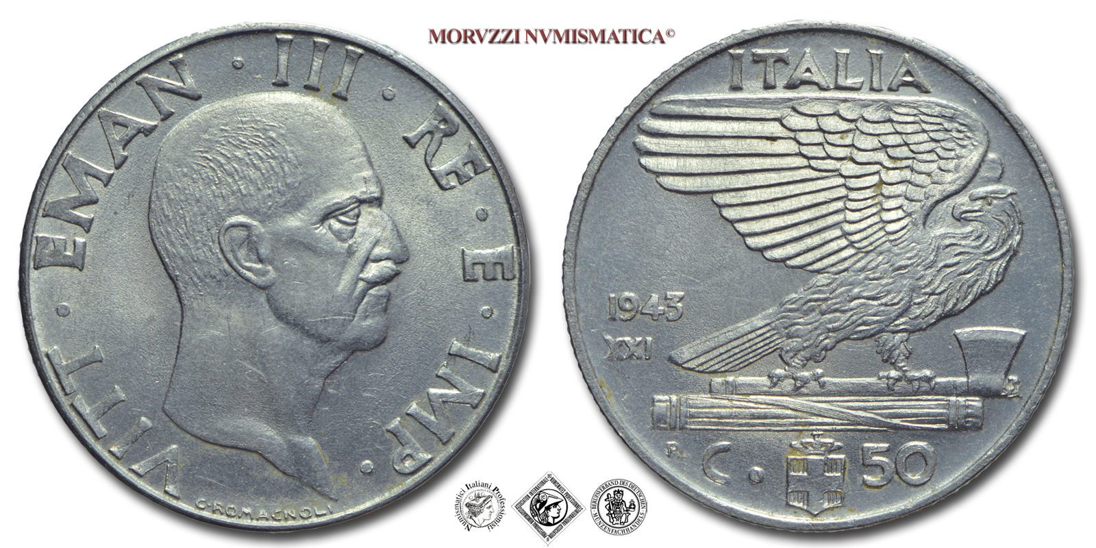 Regno d'Italia, VITTORIO EMANUELE III, 50 CENTESIMI, 1943 XXI, Impero, Zecca di Roma, NICHEL, qFDC, (R), (Pagani 826) / monete italiane moderne rare (moneta italiana moderna rara da collezione - Casa Savoia) | Moruzzi Numismatica