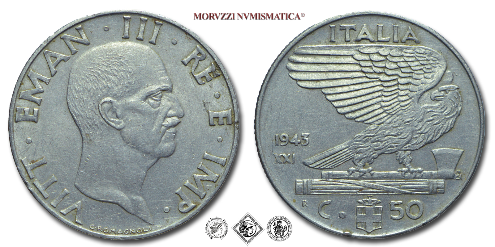 Regno d'Italia, VITTORIO EMANUELE III, 50 CENTESIMI, 1943 XXI, Impero, Zecca di Roma, ACMONITAL, mBB, (R), (Pagani 826) / monete italiane moderne rare (moneta italiana moderna rara da collezione - Casa Savoia) | Moruzzi Numismatica