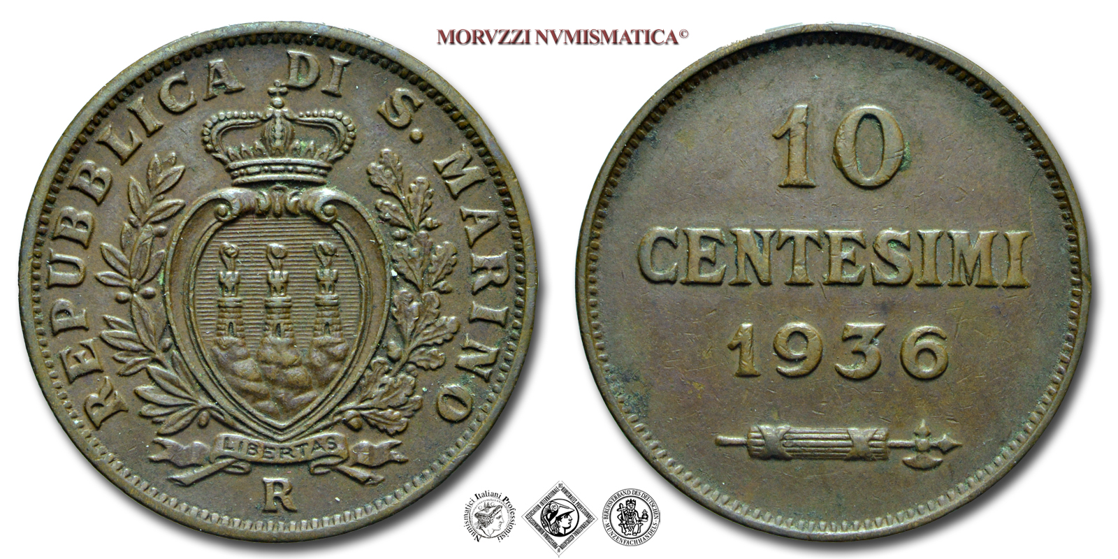 Repubblica di San Marino, VECCHIA MONETAZIONE, 10 CENTESIMI, 1936, Zecca di Roma, RAME, mBB, (Pagani 374) / monete mondiali europee moderne (moneta mondiale europea moderna da collezione) | Moruzzi Numismatica