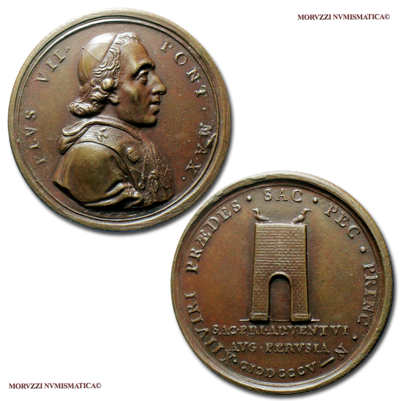 Stato Pontificio, PIO VII, MEDAGLIA STRAORDINARIA IN BRONZO, 1805, La porta Etrusca a Perugia, Opus Tommaso Mercandetti, qFDC, (R), (Patrignani 42) / Pope Pius VII BRONZE MEDALS (medaglie papali rare - medaglie pontificie straordinarie) | Moruzzi Numismatica