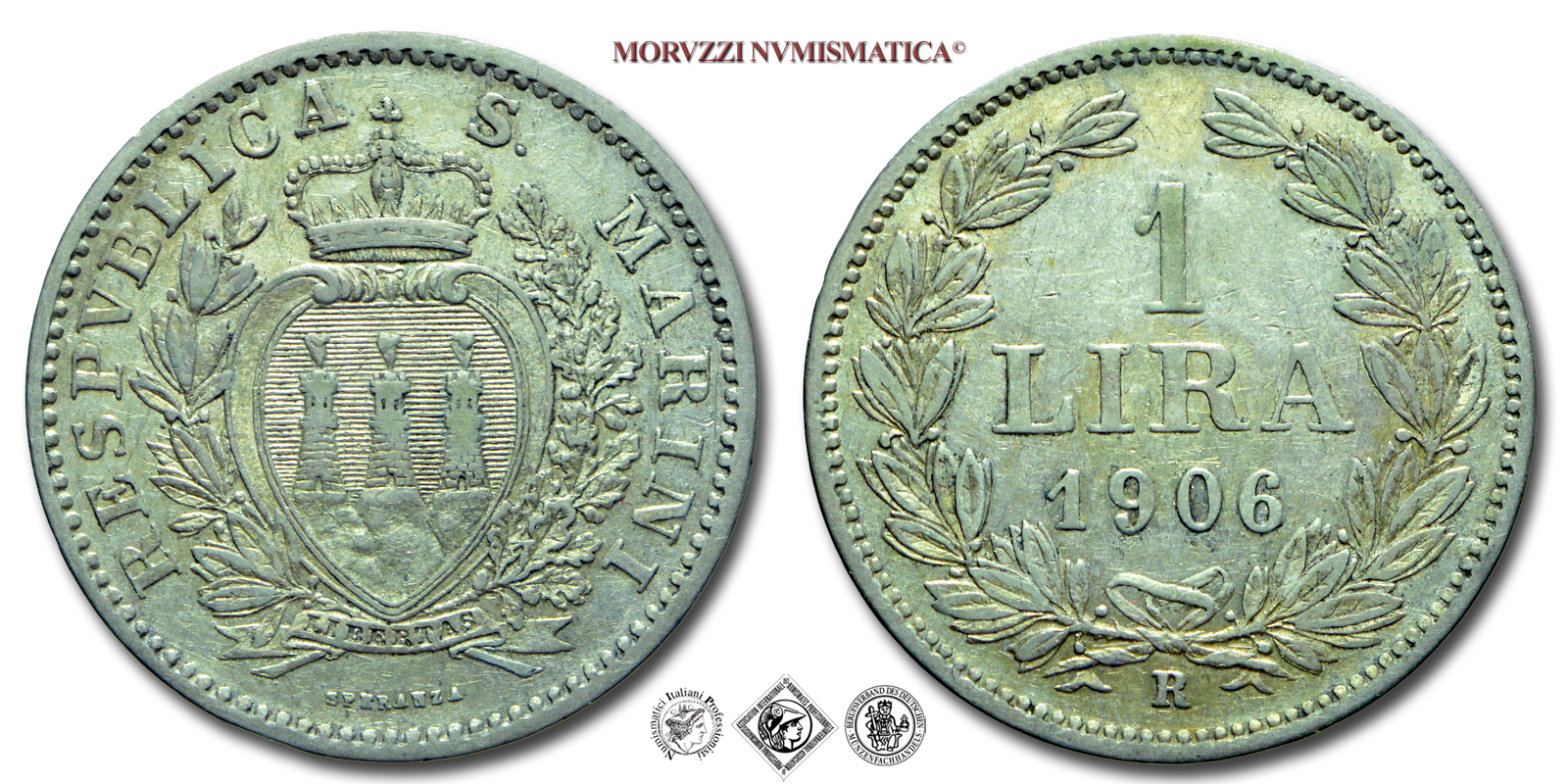 Repubblica di San Marino, VECCHIA MONETAZIONE, 1 LIRA, 1906 R, Zecca di Roma, ARGENTO, mBB, (Pagani 368) / monete mondiali europee moderne d'argento (WORLD SILVER COINS - moneta mondiale europea moderna da collezione) | Moruzzi Numismatica