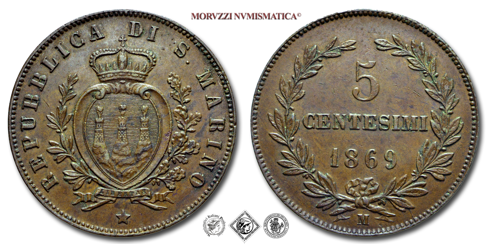 Repubblica di San Marino, VECCHIA MONETAZIONE, 5 CENTESIMI, 1869, Zecca di Milano, RAME, SPL, (Pagani 378) / monete mondiali europee moderne (WORLD COPPER COINS - moneta mondiale europea moderna da collezione) | Moruzzi Numismatica