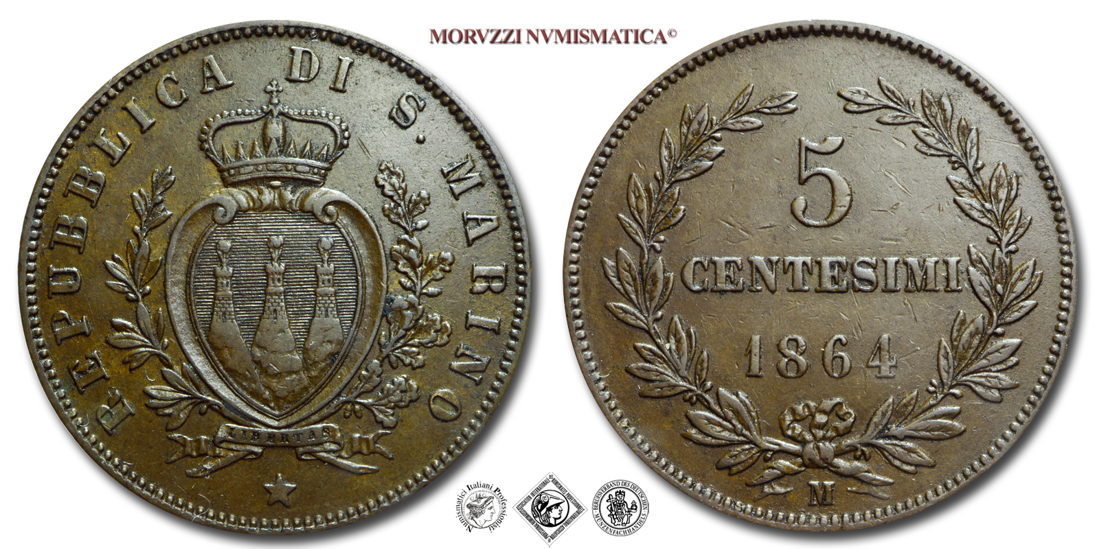 Repubblica di San Marino, VECCHIA MONETAZIONE, 5 CENTESIMI, 1864, Zecca di Milano, RAME, mBB, (R), (Pagani 377) / monete mondiali europee moderne rare (WORLD COPPER COINS - moneta mondiale europea moderna rara da collezione) | Moruzzi Numismatica