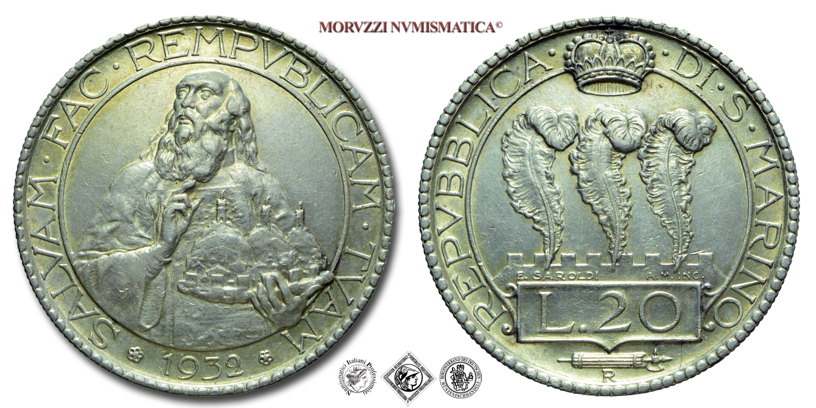 Repubblica di San Marino, VECCHIA MONETAZIONE, 20 LIRE, 1932, Zecca di Roma, ARGENTO, SPL, (Pagani 343) / monete mondiali europee d'argento (moneta mondiale europea - WORLD SILVER COINS) | Moruzzi Numismatica