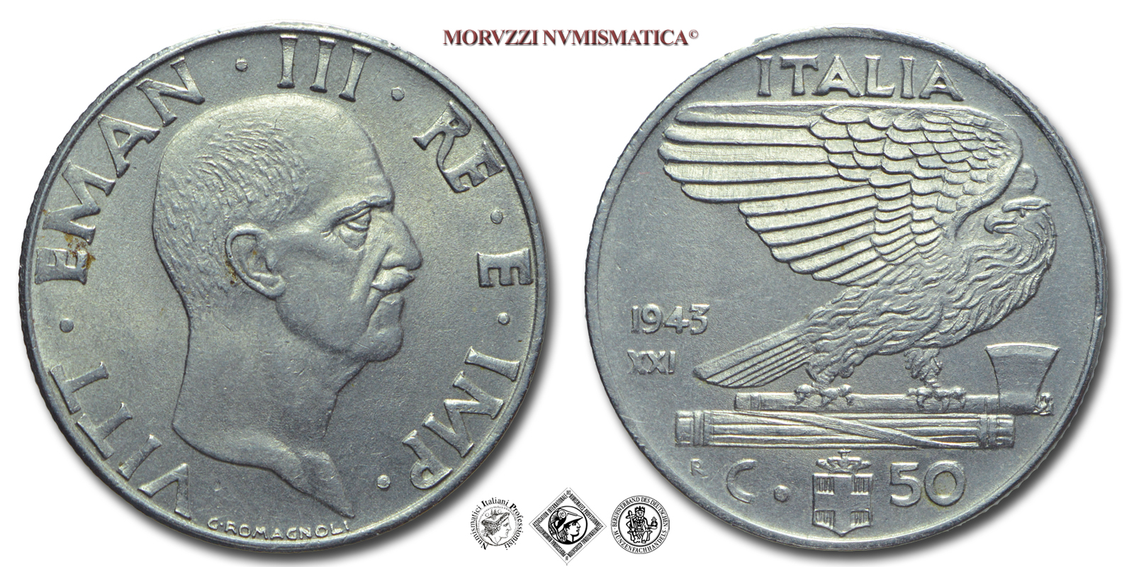 Regno d'Italia, VITTORIO EMANUELE III, 50 CENTESIMI, 1943 XXI, Impero, Zecca di Roma, NICHEL, qFDC, (R), (Pagani 826) / monete italiane moderne rare (moneta italiana moderna rara da collezione - Casa Savoia) | Moruzzi Numismatica