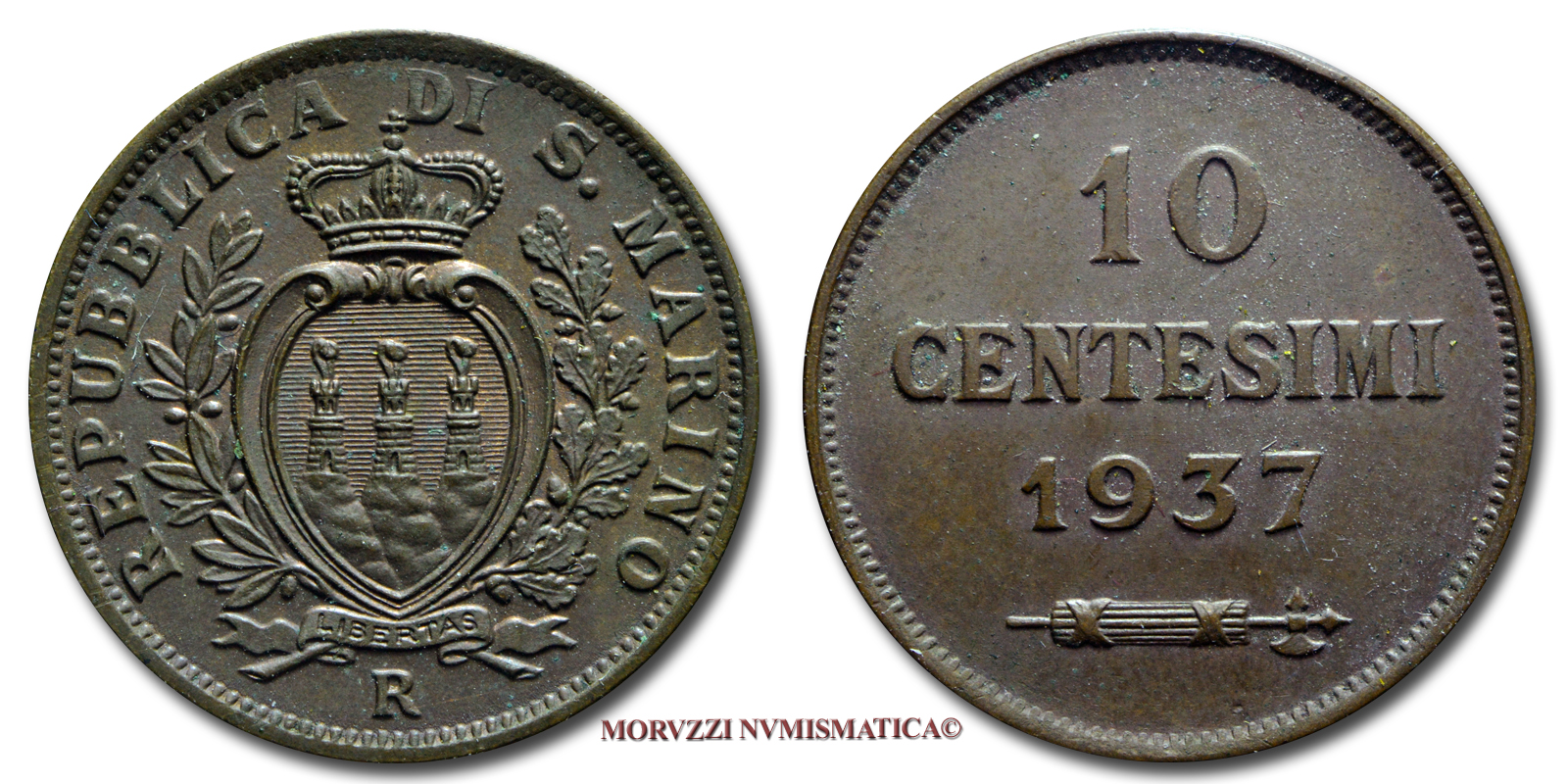 Repubblica di San Marino, VECCHIA MONETAZIONE, 10 CENTESIMI, 1937, zecca di Roma, RAME, SPL, (Pagani 375) / monete mondiali europee moderne (moneta mondiale europea moderna da collezione - WORLD COPPER COINS) | Moruzzi Numismatica