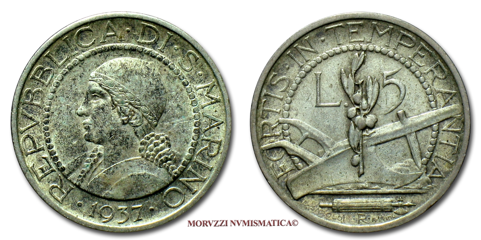Repubblica di San Marino, VECCHIA MONETAZIONE, 5 LIRE, 1937, zecca di Roma, ARGENTO, mBB, (Pagani 363) / monete mondiali europee moderne d'argento (WORLD SILVER COINS - moneta mondiale europea moderna da collezione) | Moruzzi Numismatica