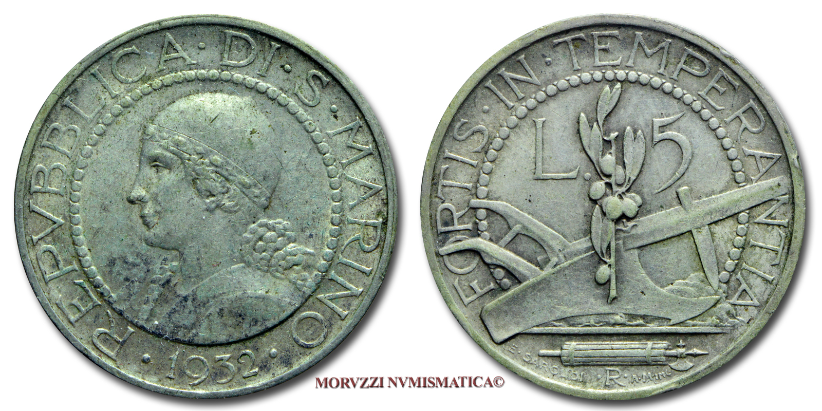 Repubblica di San Marino, VECCHIA MONETAZIONE, 5 LIRE, 1932, zecca di Roma, ARGENTO, mBB, (Pagani 359) / monete mondiali europee moderne d'argento (WORLD SILVER COINS - moneta mondiale europea moderna da collezione) | Moruzzi Numismatica