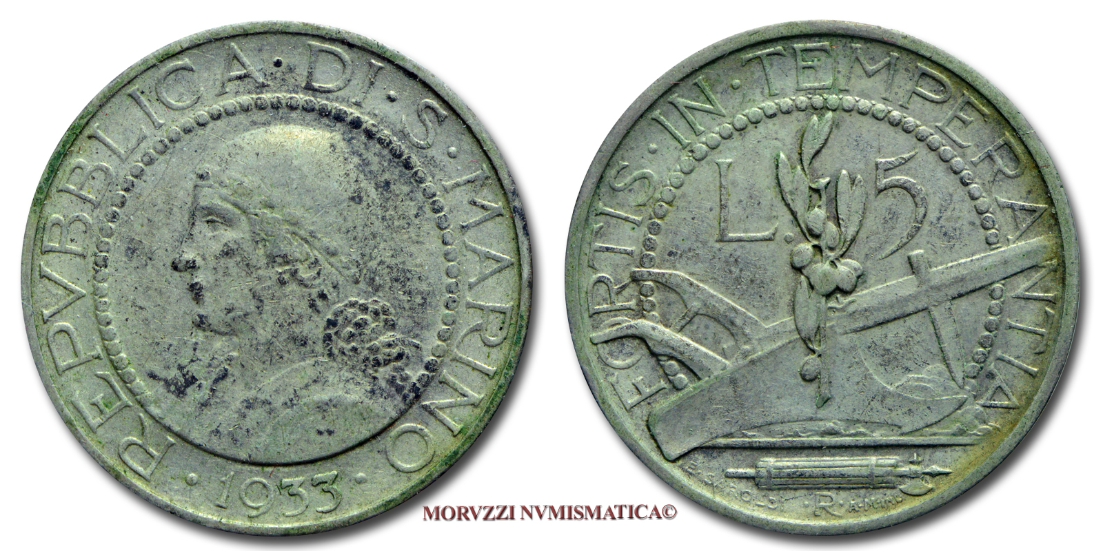 Repubblica di San Marino, VECCHIA MONETAZIONE, 5 LIRE, 1933, zecca di Roma, ARGENTO, mBB, (Pagani 360) / monete mondiali europee moderne d'argento (WORLD SILVER COINS - moneta mondiale europea moderna da collezione) | Moruzzi Numismatica