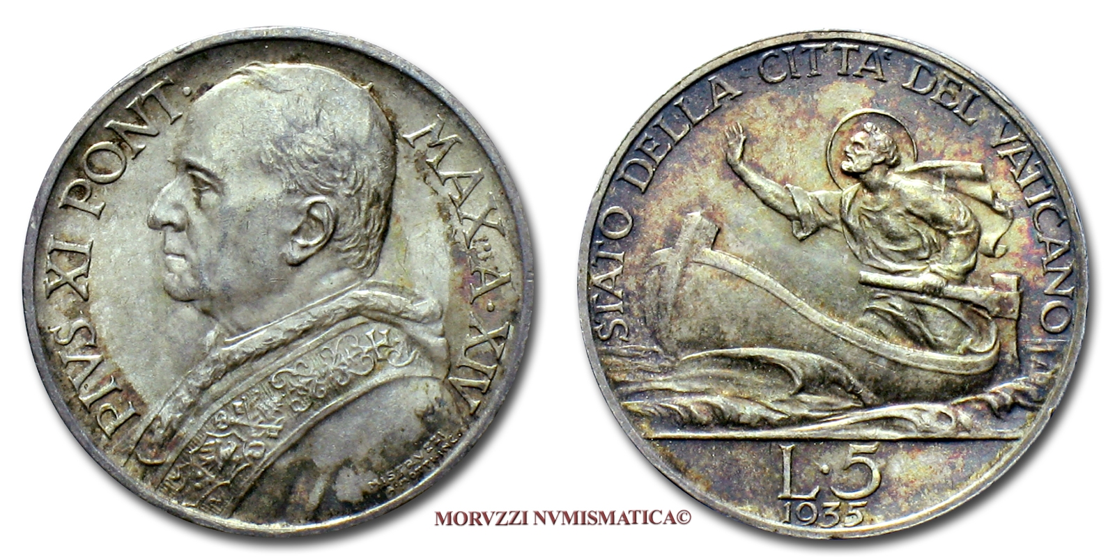 Città del Vaticano, PIO XI, 5 LIRE, 1935 A XIV, zecca di Roma, ARGENTO, mSPL, (Pagani 638) / Pope Pius XI Ratti SILVER COINS (monete papali vaticane d'argento - monete pontificie - moneta papale vaticana da collezione) Papst Pius XI. - Pape Pie XI | Moruzzi Numismatica