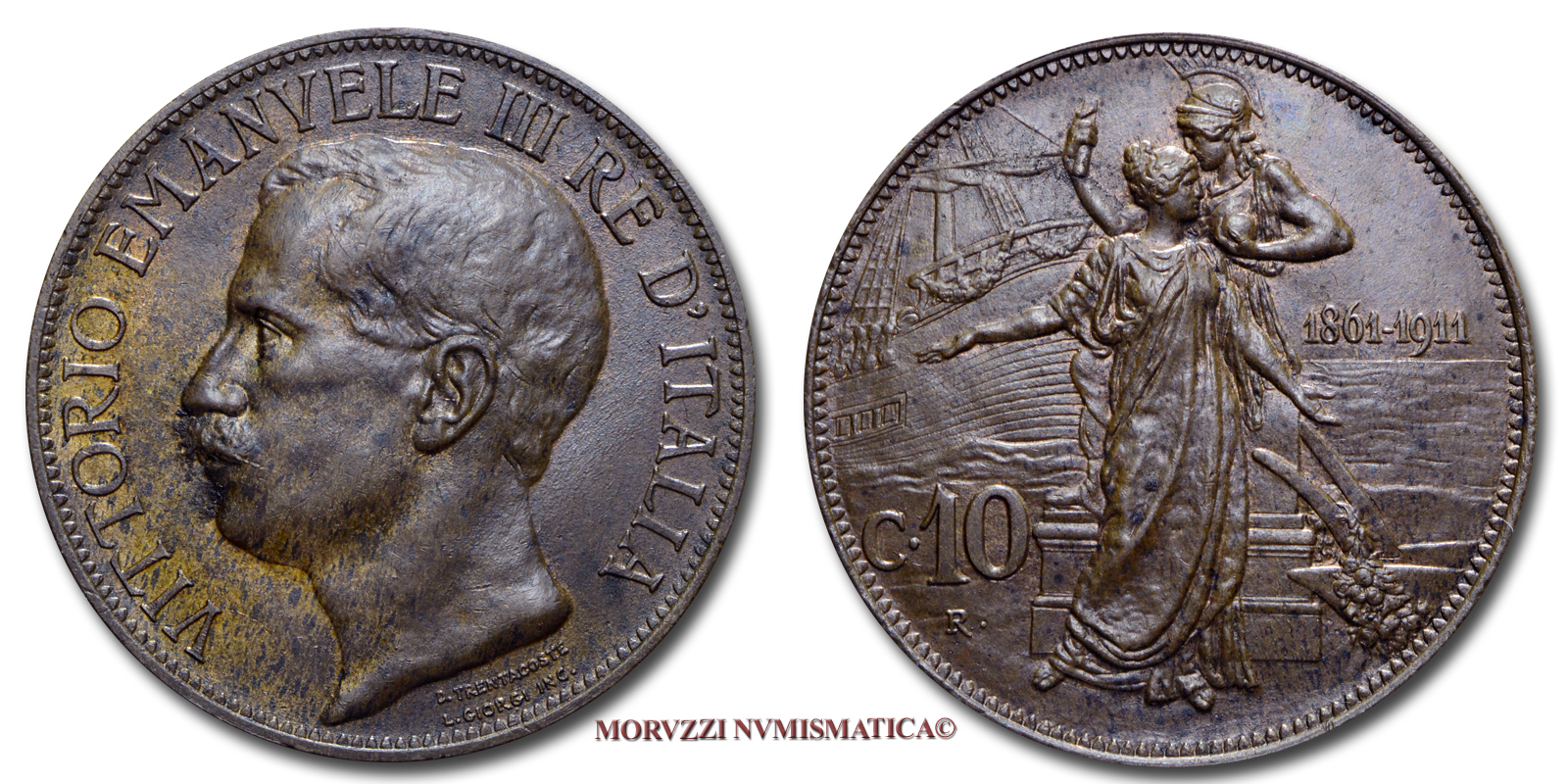 Regno d'Italia, VITTORIO EMANUELE III, 10 CENTESIMI, 1911, Cinquantenario, zecca di Roma, RAME, qFDC, (Pagani 863) / monete italiane moderne (moneta italiana moderna da collezione - Casa Savoia) | Moruzzi Numismatica