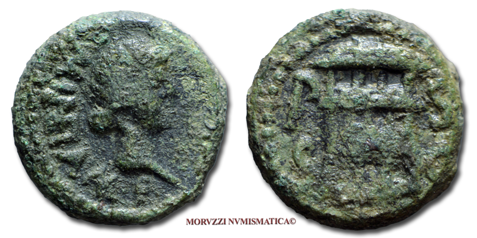 Lucania, PAESTUM, SEMISSE, 89 a.C.-37 d.C., testa femminile (Mineia?) e dietro la nuca MINEIA • M • F / veduta di un edificio e nel campo ai lati P - S / S - C, zecca di Poseidonia, BRONZO, mBB, (NC), (SNG Dan. 1373) / monete greche antiche (moneta greca) | Moruzzi Numismatica