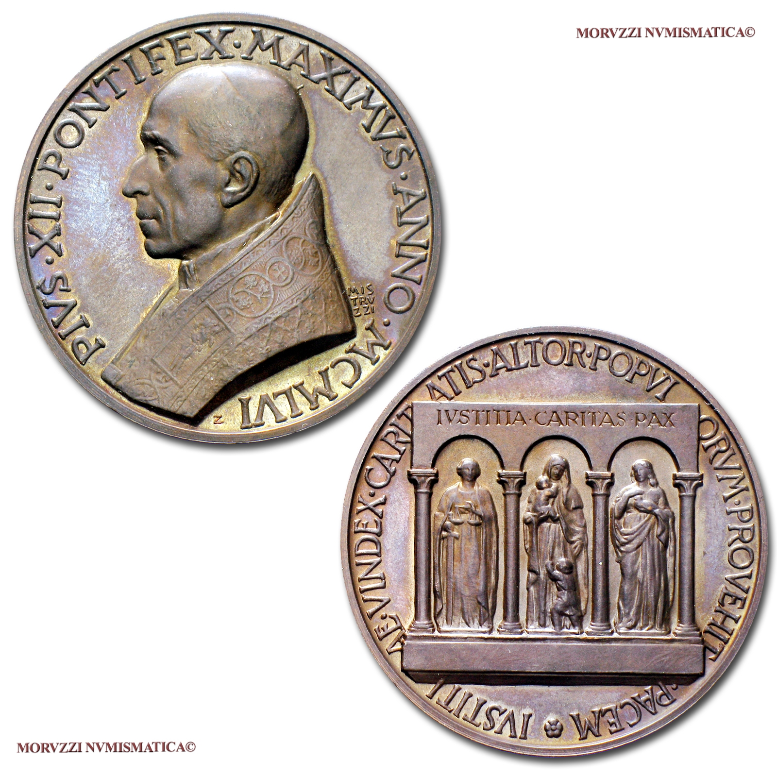 Stato Pontificio, PIO XII, MEDAGLIA IN BRONZO, 1956, 80° compleanno del Pontefice, Opus Mistruzzi, FDC, (Modesti 242) / Pius XII BRONZE MEDAL Papal medals (medaglie papali di bronzo medaglie pontificie) Bronzemedaille Pie XII médaille | Moruzzi Numismatica