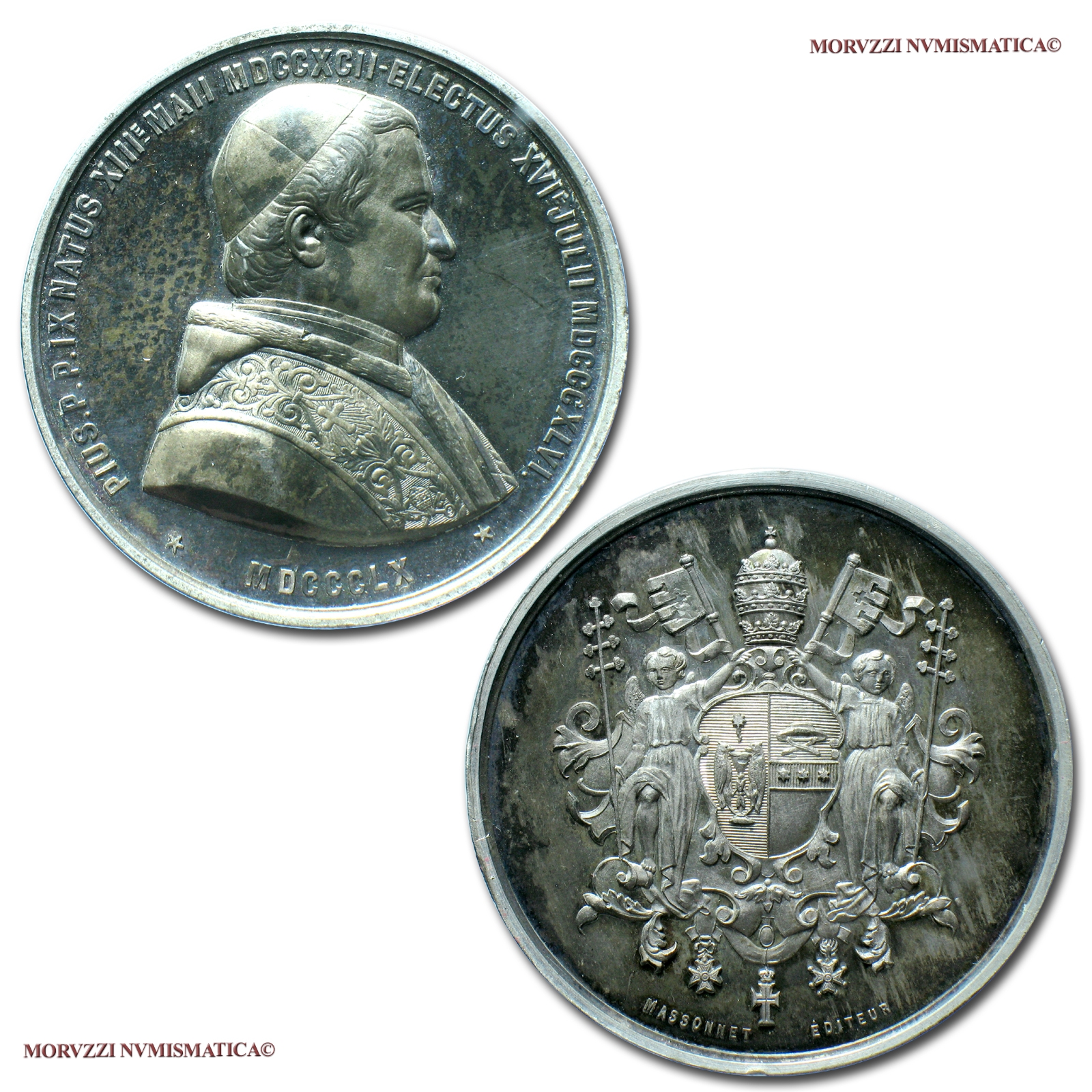 Stato Pontificio, PIO IX, MEDAGLIA STRAORDINARIA IN METALLO BIANCO, 1860, Solidarietà dei cattolici francesi con il papa, Opus Massonnet Editeur, qFDC, (NC), (Bartolotti XV-14) / Pope Pius IX Mastai Ferretti BRONZE MEDALS (medaglie papali straordinarie) | Moruzzi Numismatica