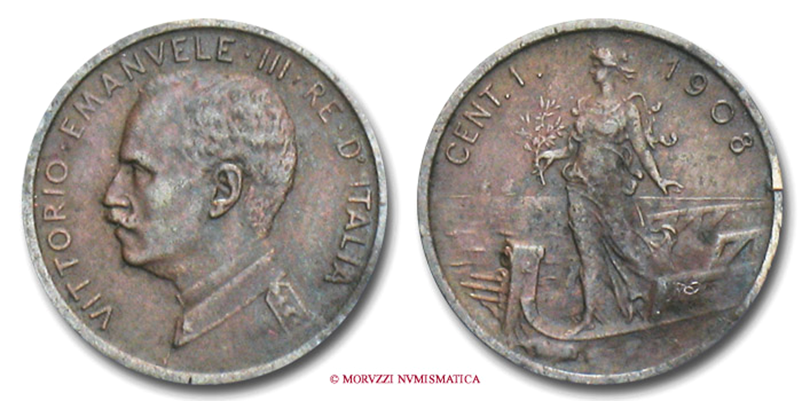Regno d'Italia, VITTORIO EMANUELE III, 1 CENTESIMO, 1904, Italia su prora, zecca di Roma, RAME, qSPL, (RR), (Pagani 945) / monete italiane | Moruzzi Numismatica