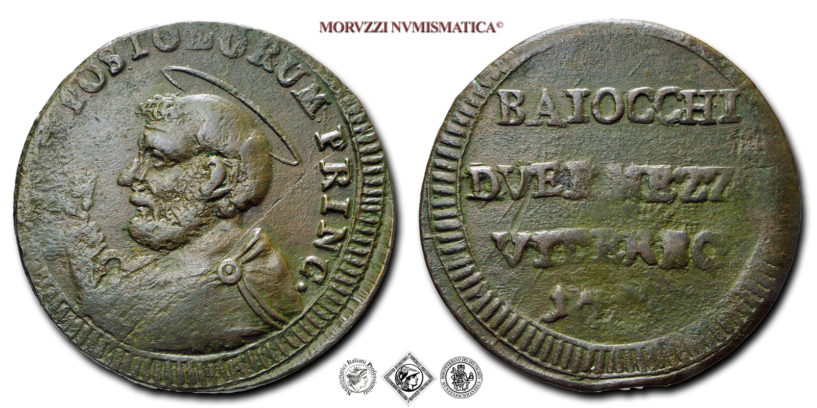 Stato Pontificio, PIO VI, Braschi, SAMPIETRINO DA BAIOCCHI 2 e MEZZO, 1796, Busto di San Pietro, Zecca di Viterbo, RAME, mBB, (R), (Muntoni 426) / monete papali pontificie rare da collezione (moneta papale pontificia rara da collezione) | Moruzzi Numismatica