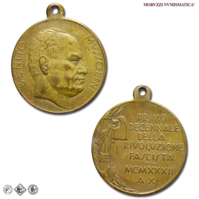 ムッソリーニ　メダル　イタリア　ファシスト　Medaglia Mussolini Italia, BENITO MUSSOLINI, MEDAGLIA IN BRONZO, Decennale della