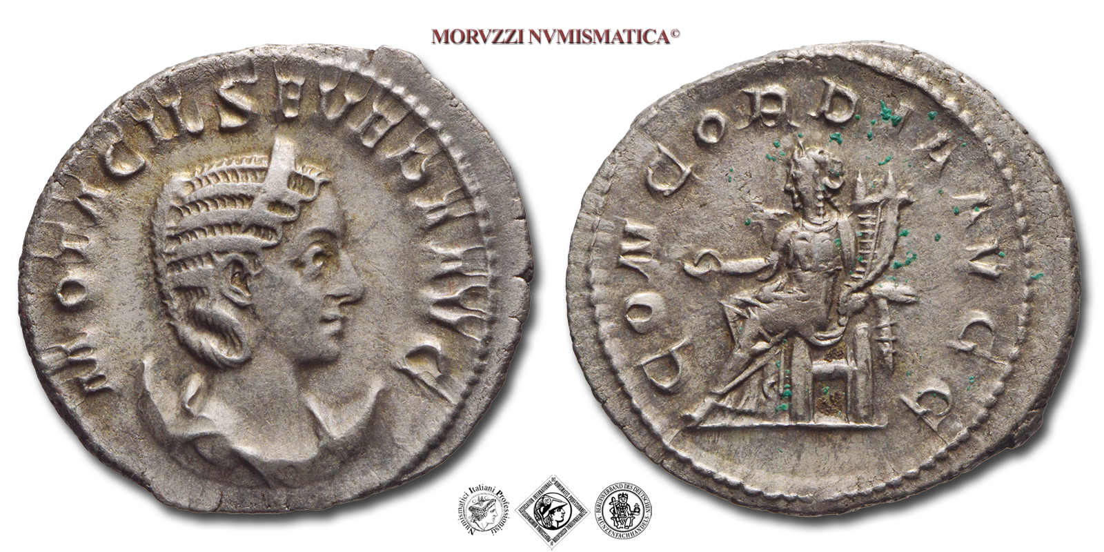 OTACILIA SEVERA, ANTONINIANO, 246-248 d.C., CONCORDIA AVGG la Concordia seduta con patera e cornucopia, Zecca di Roma, ARGENTO, qSPL, (RIC 125a) / monete romane imperiali antiche d'argento (moneta romana imperiale antica - Impero Romano) | Moruzzi Numismatica