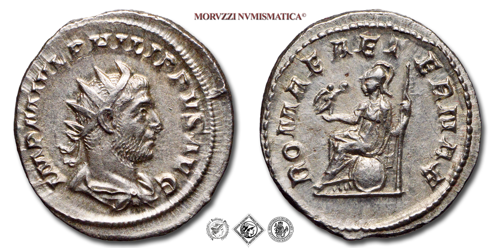 FILIPPO I L'ARABO, ANTONINIANO, 244-247 d.C., ROMAE AETERNAE Roma galeata seduta su di uno scudo con Vittoria e scettro, Zecca di Roma, ARGENTO, mBB, (RIC 44b) / monete romane imperiali antiche d'argento (moneta romana imperiale antica - Impero Romano) | Moruzzi Numismatica