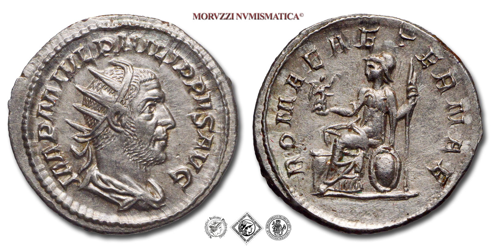 FILIPPO I L'ARABO, ANTONINIANO, 244-247 d.C., ROMAE AETERNAE Roma galeata seduta su di uno scudo con Vittoria e scettro. A sinistra un altare, Zecca di Roma, ARGENTO, SPL, (RIC 45) / monete romane imperiali antiche d'argento (moneta romana imperiale antica - Impero Romano) | Moruzzi Numismatica